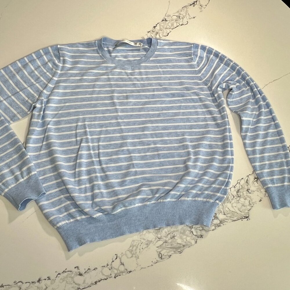 Contemporaine - Long Sleeve Sweater - Light Blue & White Stripes - Size XL
